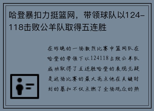 哈登暴扣力挺篮网，带领球队以124-118击败公羊队取得五连胜